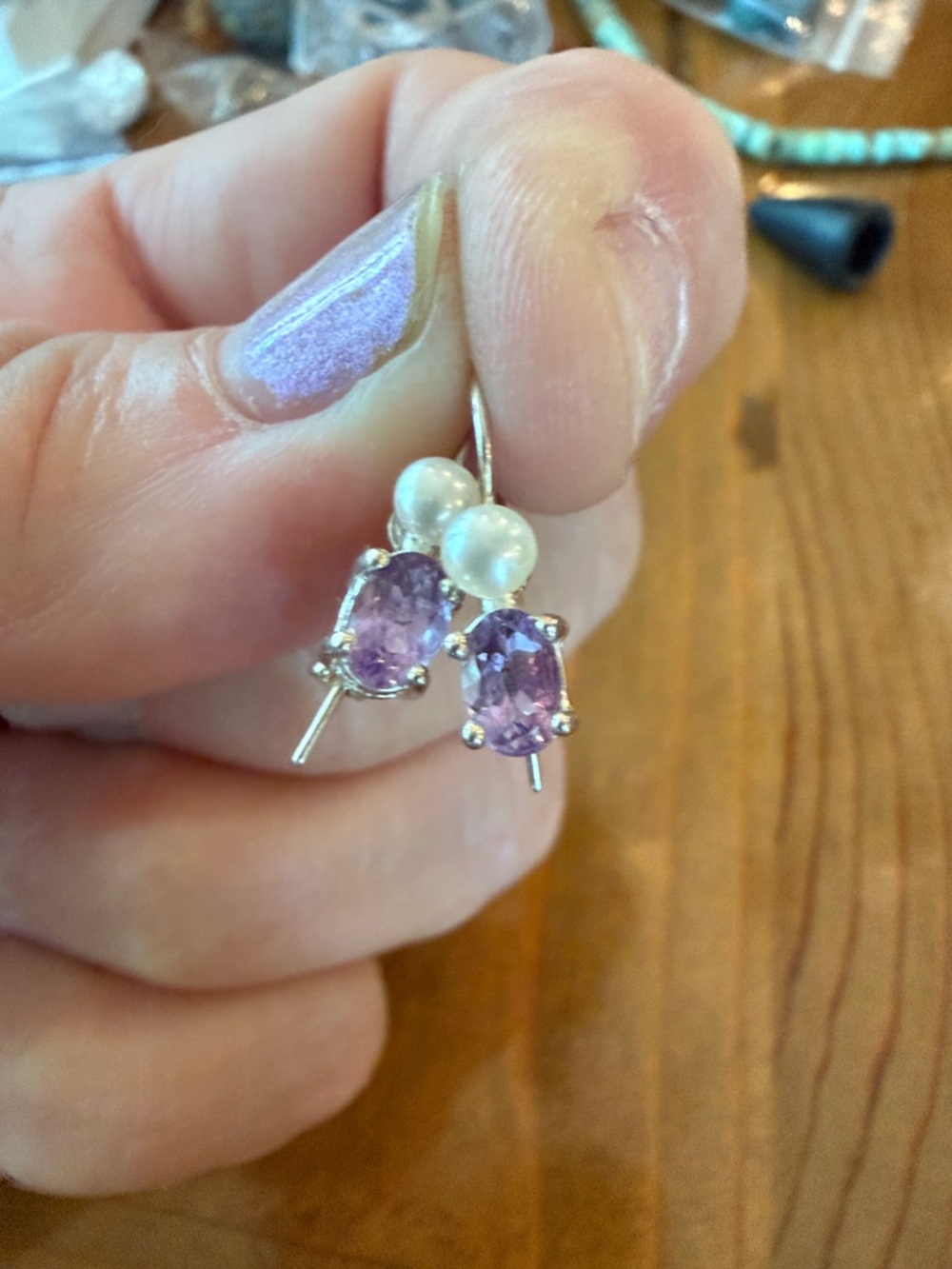 Sterling Silver amethyst Gemstone and Pearl Drop Earrings